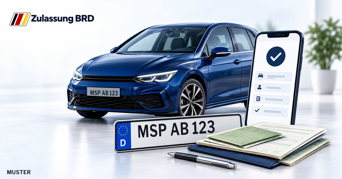 Online Fahrzeugzulassung in Landkreis Main-Spessart: Musterkennzeichen MSP AB 123, Auto und Fahrzeugpapiere und Smartphone. Illustration mit Logo von Zulassung BRD.